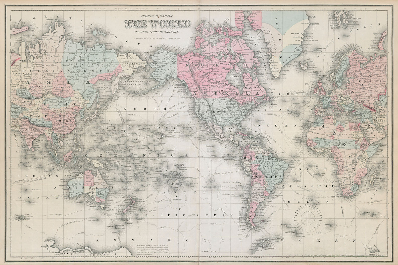World on Mercator's projection. Americas-centric antique map. COLTON 1869
